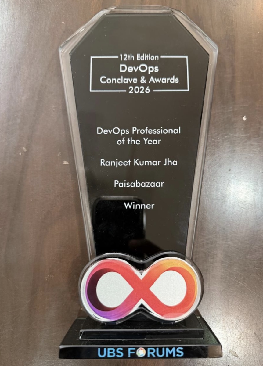 DevOps Professional of the Year 2026 trophy — Ranjeet Kumar Jha, Paisabazaar, Winner — 12th DevOps Conclave & Awards by UBS Forums