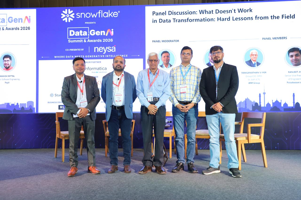 Panel members group photo at the Data & GenAI Summit & Awards 2026, presented by Snowflake